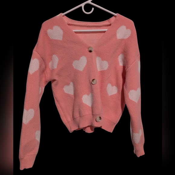 Sweaters - Pink and White Heart Women's Cardigan Size Medium